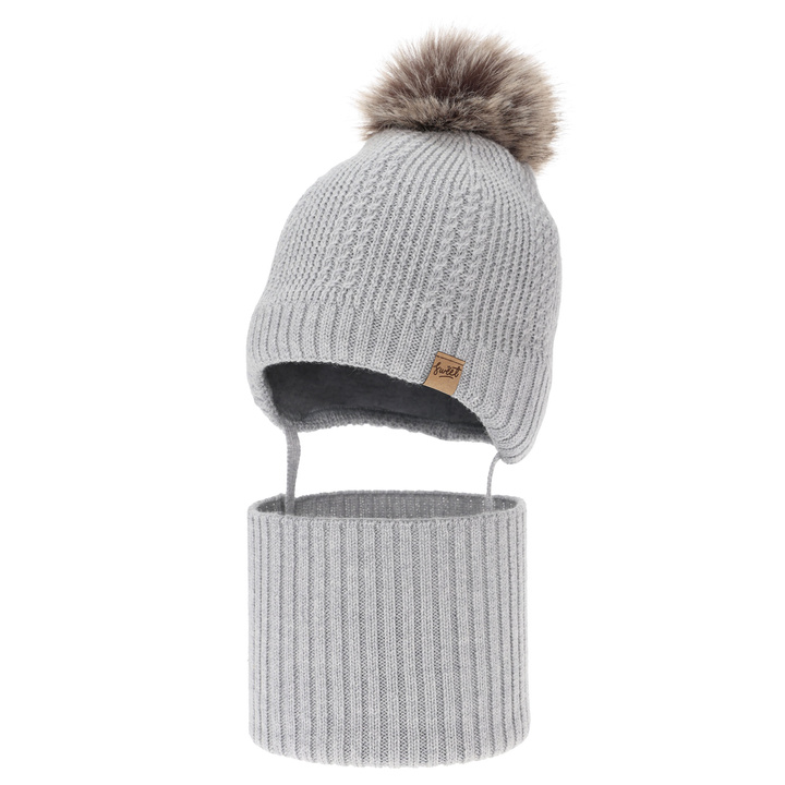 Dreng hue og halsedisse, vinter sæt, grå, 100% merinould, foret med uld fleece, med bindebånd Danny