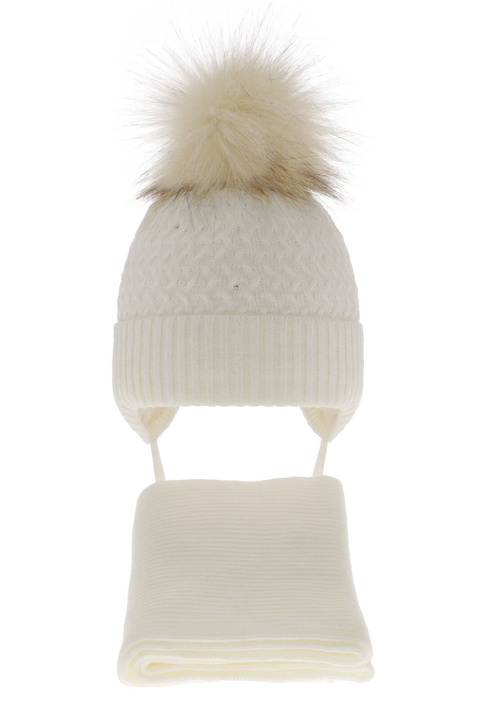 Pige vintersæt: hue og tørklæde, krem, med garn pompon, med bindebånd, Zelta