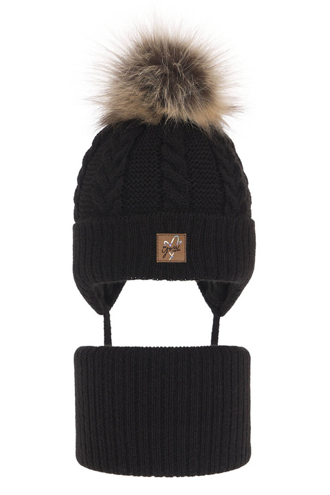 Pige vintersæt: hue og halsvarmer, sort, med garn pompon, med bindebånd, Finess