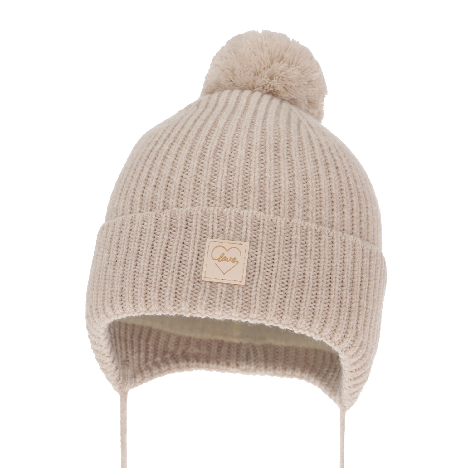 Pige vinterhue, beige, med merinould, foret med uld fleece, med bindebånd, med garn pompon, Hakkari