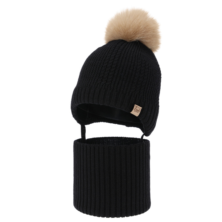 Pige vintersæt (hue og halsvarmer), sort, 100% Merino Uld, foret med uld fleece, med bindebånd Danielle