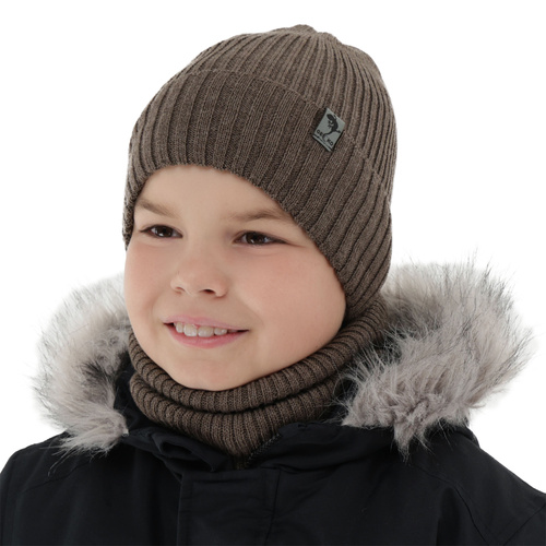 Dreng vintersæt: hue og halsrør, brun, foret med fleece, med merinould, Gecko
