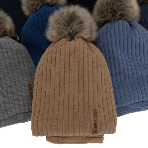 Dreng vintersæt: hue og halsrør, blå, med garn pompon, foret med fleece, Kalen