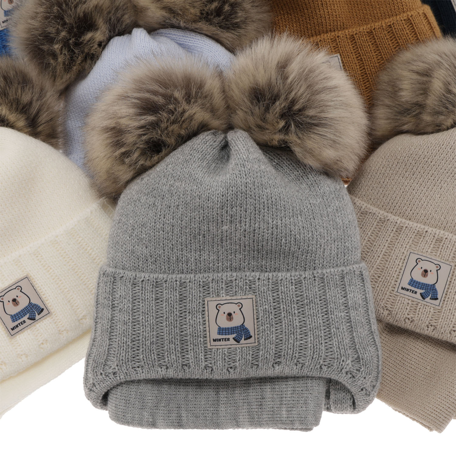 Dreng vintersæt: hue og tørklæde, blå, med to pomponer, med bindebånd, Jewel