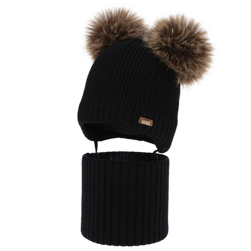 Dreng hue og halsedisse, vinter sæt, sort, 100% merinould, foret med uld fleece, Lumio