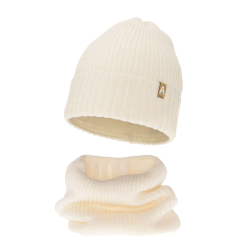 Pige vintersæt: hue og halsvarmer, cremefarvet, med merinould, foret med fleece, Peggy