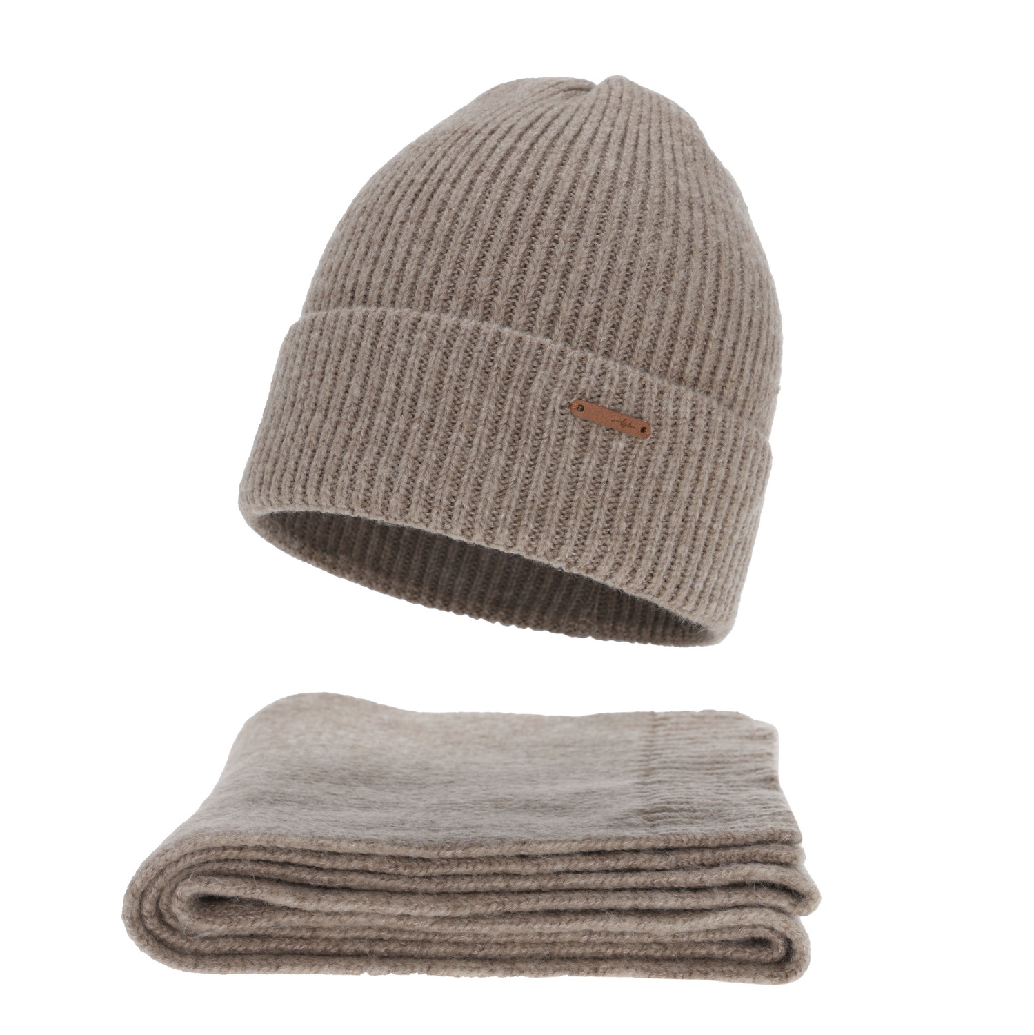 Dame vintersæt (hue og tørklæde), mørk beige, med merinould, Seala