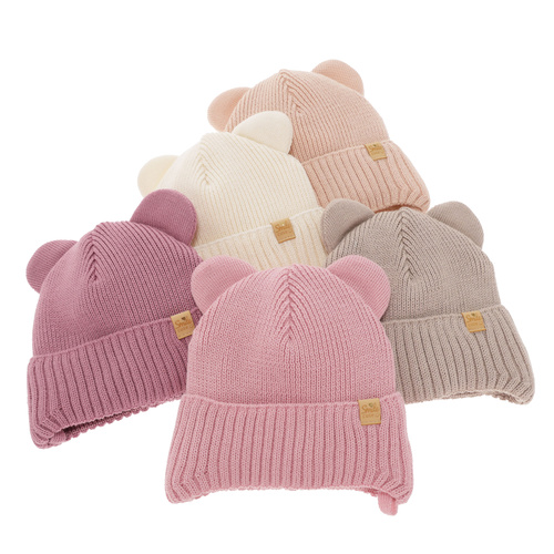 Pige vinterhue, beige, med bindebånd, med merinould, Shira