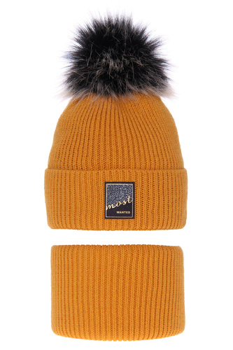 Pige vintersæt: hue og halsrør, honningfarvet, med garn pompon, Sycylia