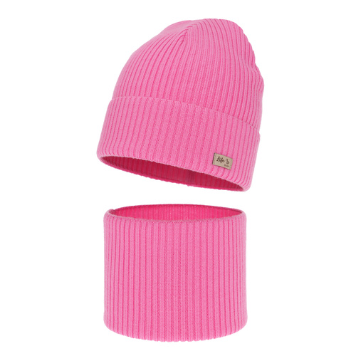 Pige efterår/forår sæt: hue og halsvarmer, rosa, med 100% Merino uld, Itra