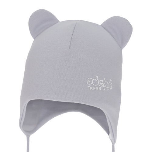 Pige efterår/forår hue, grå, bomuld, med bindebånd, Kelda