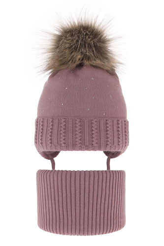Pige vintersæt: hue og halsrør, vinter, lilla, med bindebånd, med garn pompon, Renia
