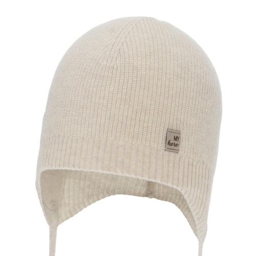 Dreng efterår/forår hue, lysbeige, merino uld med kashmir, med bindebånd, Tono