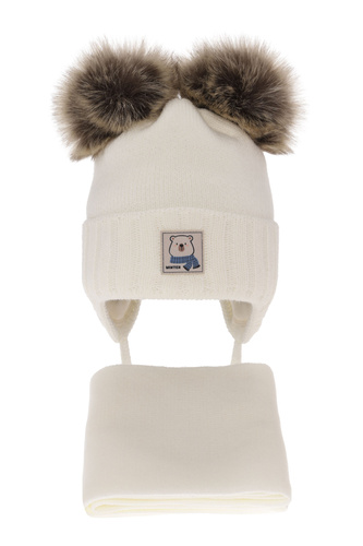 Dreng vintersæt: hue og tørklæde, cremefarvet, med to pomponer (garn), med bindebånd, Jewel