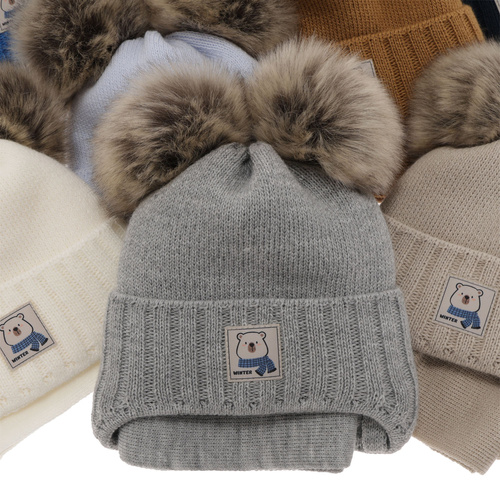 Dreng vintersæt: hue og tørklæde, grå, med to pomponer (garn), med bindebånd, Jewel