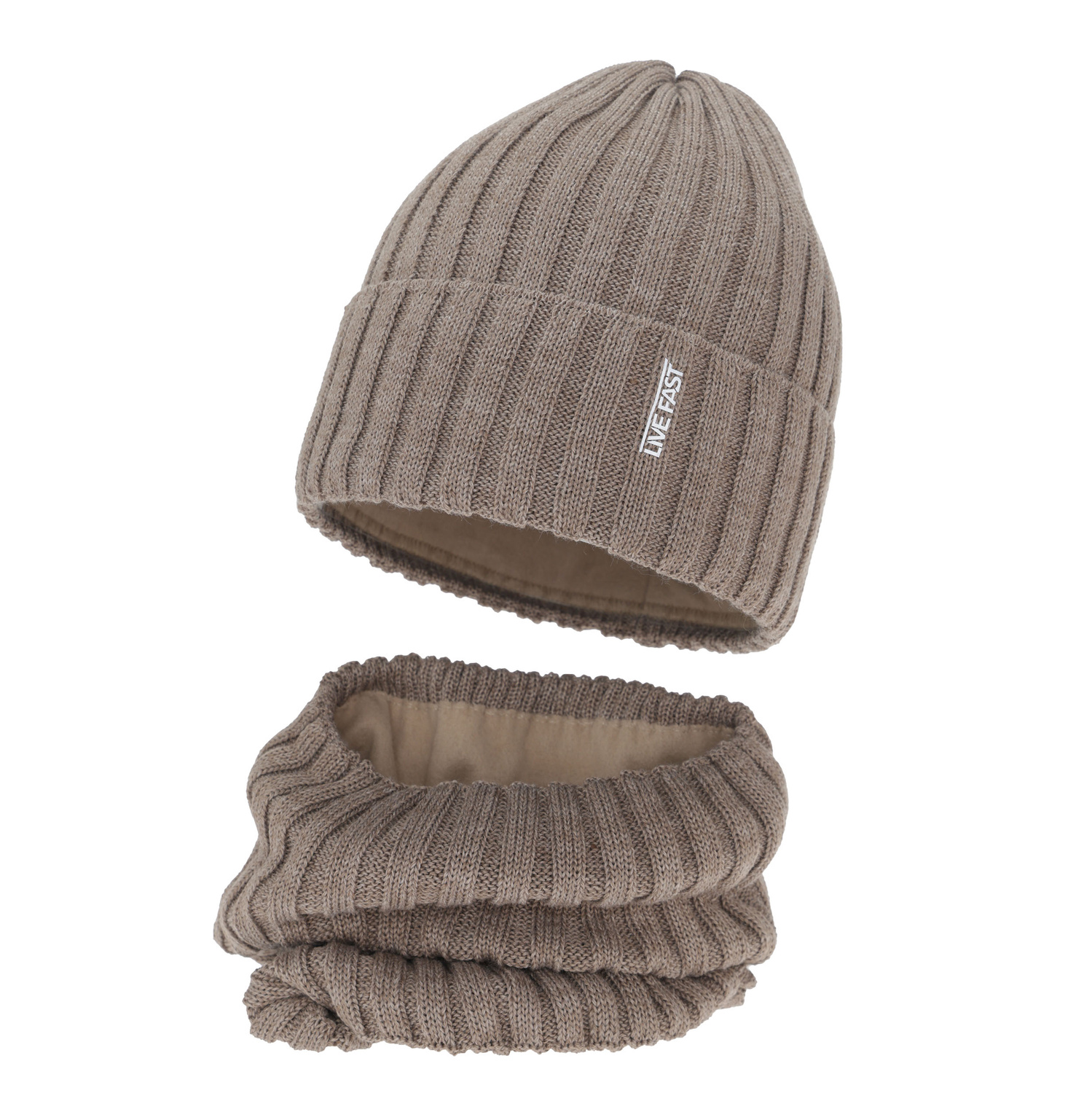 Dreng vintersæt (hue og halsvarmer), beige, med merinould, foret med fleece, Banasko