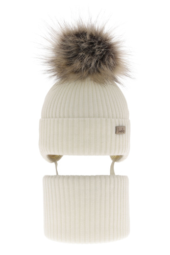 Pige vintersæt: hue og halsvarmer, cremefarvet, med bindebånd, med garn pompon, Bria