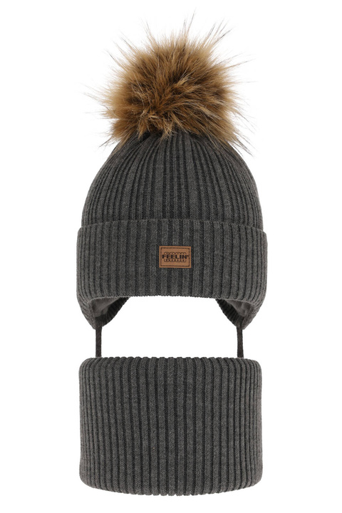 Dreng vintersæt, grå, med garn pompon, Eger