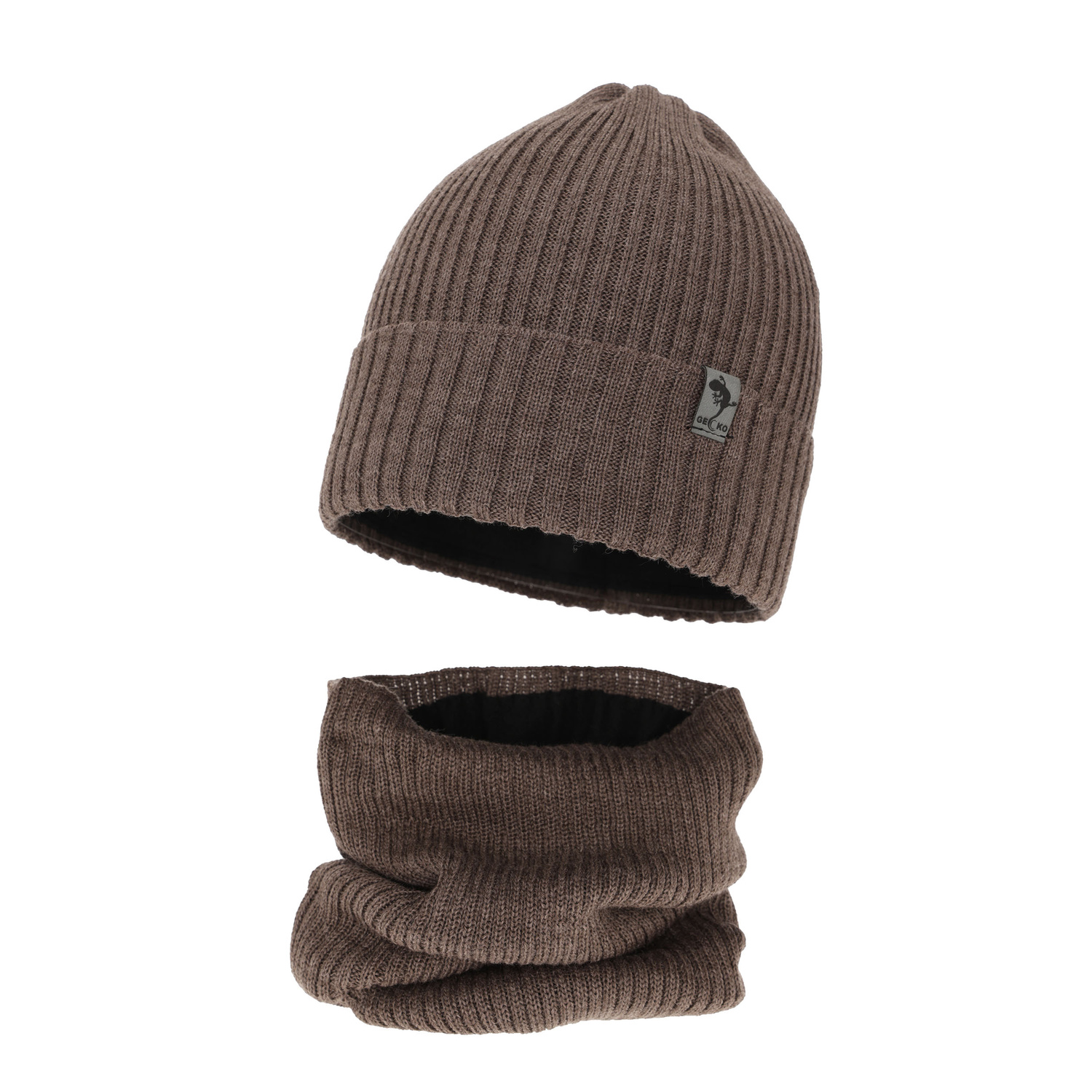 Dreng vintersæt: hue og halsrør, brun, foret med fleece, med merinould, Gecko
