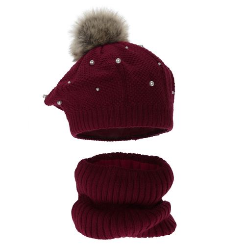Pige vintersæt: beret og halsvarmer, foret med fleece, bordeaux, med pompon, Jeanette