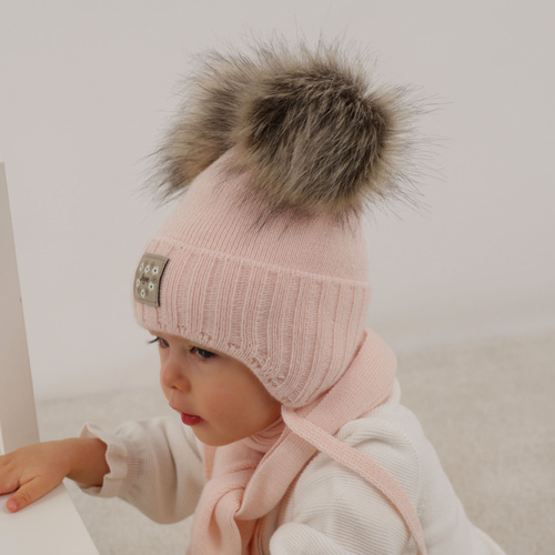 Pige vintersæt: hue og tørklæde, hvid, med to pomponer, med bindebånd, Jazz