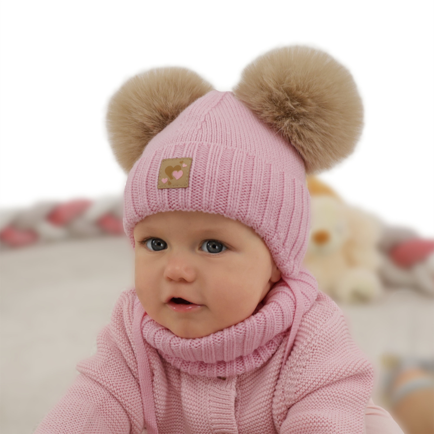 Pige hue og halsedisse, vinter sæt, beige, 100% merinould, foret med uld fleece, Ronia