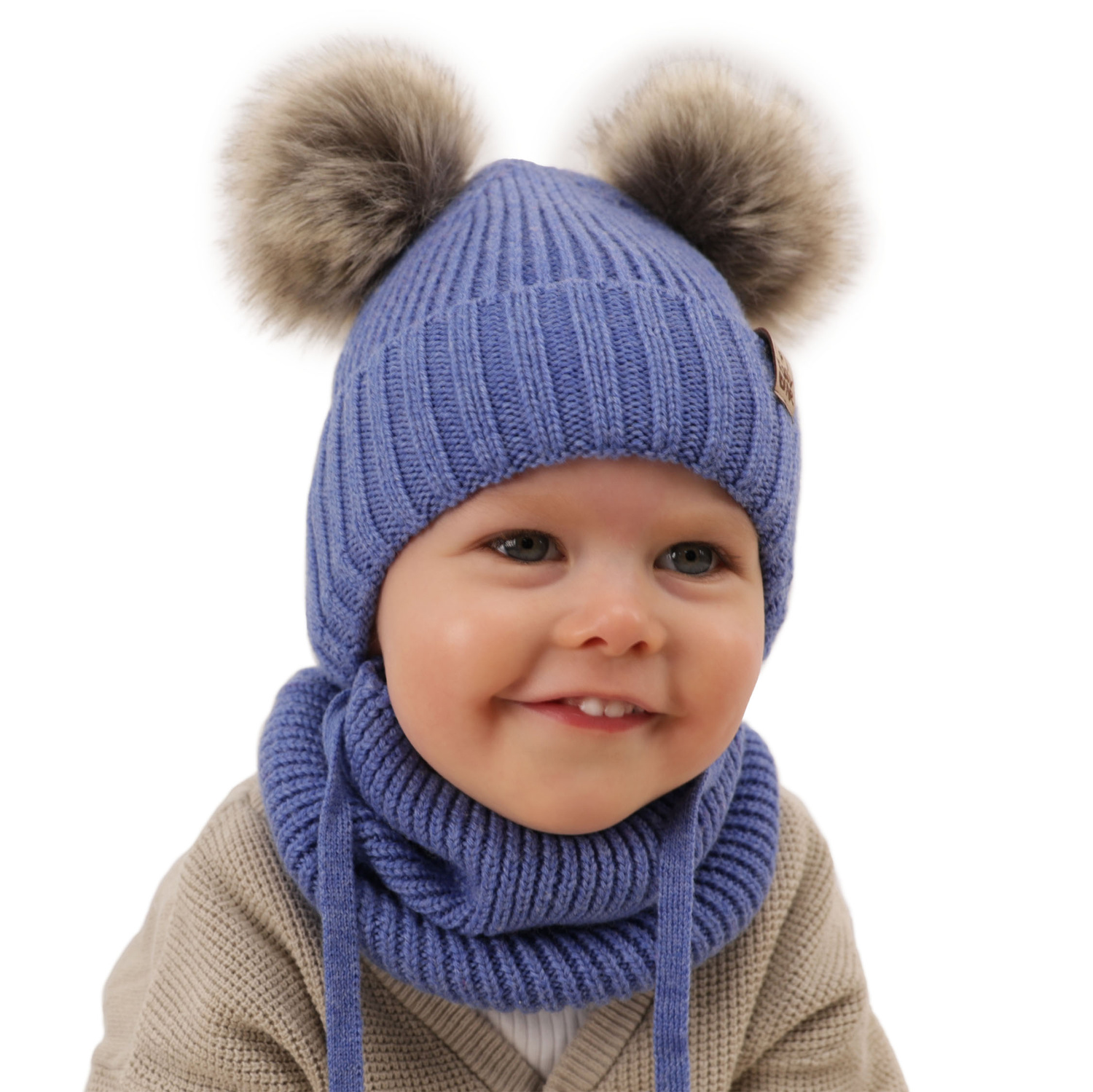 Dreng vintersæt: hue og halsrør, blå, med bindebånd, 100% Merino Uld, Konor