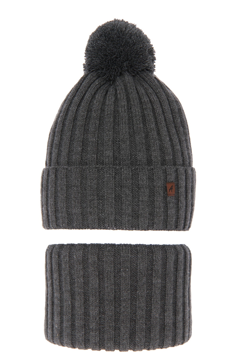 Dreng vintersæt: hue og halsrør, grå, med garn pompon, Wiliam