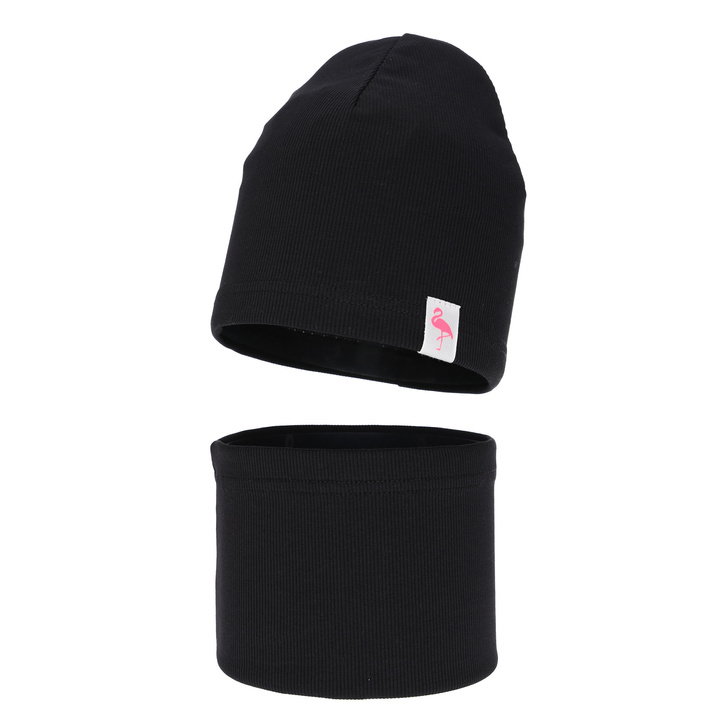 Pige efterår/forår sæt: hue og halsedisse, bomuld, sort, Rumilla