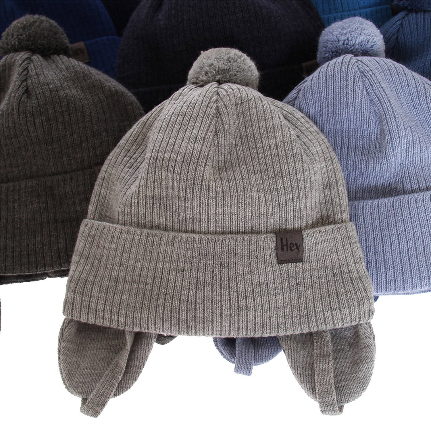 Dreng efterår/forår hue, lyseblå, med bindebånd, med garn pompon, Axel