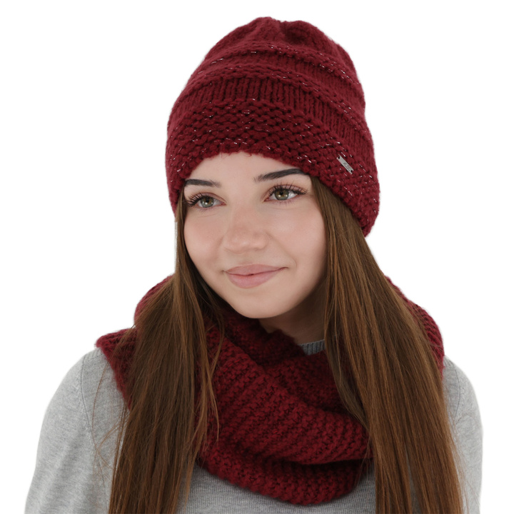 Dame vintersæt: hue og halsvarmer, bordeaux, med merinould, Driva