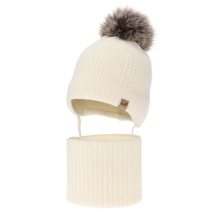 Dreng hue og halsedisse, vinter sæt, creme, 100% merinould, foret med uld fleece, med bindebånd Danny