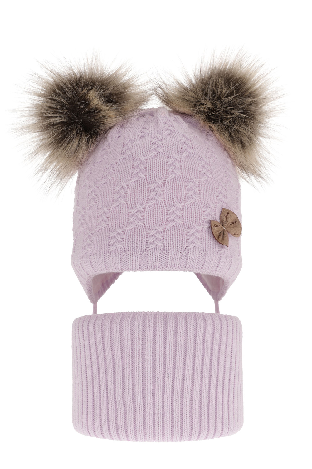 Pige vintersæt: hue og halsedisse, lilla, med to pomponer, med bindebånd, Bettina