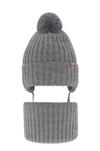 Dreng vintersæt: hue og halsrør, grå, med garn pompon, Carlo