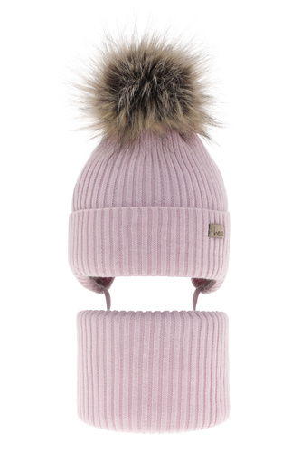 Pige vintersæt: hue og halsvarmer, lilac, med bindebånd, Bria