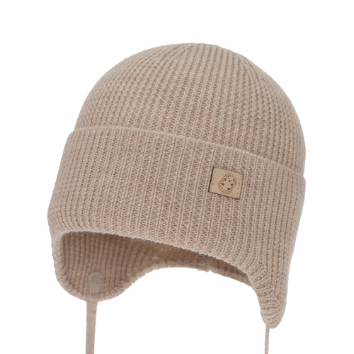 Dreng vinter/efterår hue, beige, 100% Merino Uld, med bindebånd, Bakadi