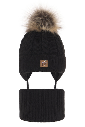 Pige vintersæt: hue og halsvarmer, sort, med garn pompon, med bindebånd, Finess