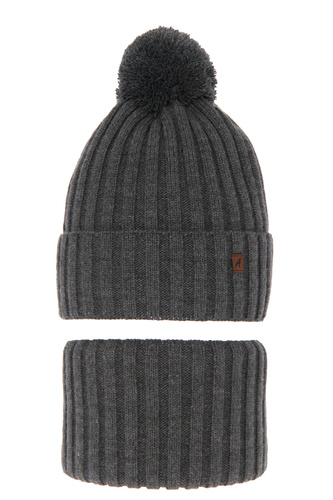 Dreng vintersæt: hue og halsrør, grå, med garn pompon, Wiliam