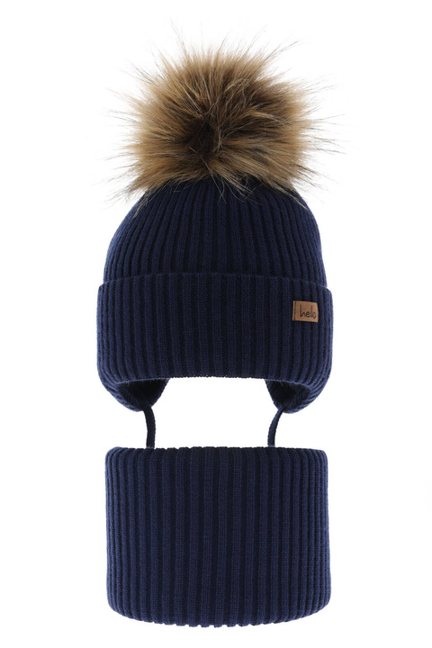 Dreng vintersæt: hue og halsedisse, navy, med garn pompon, Bergo