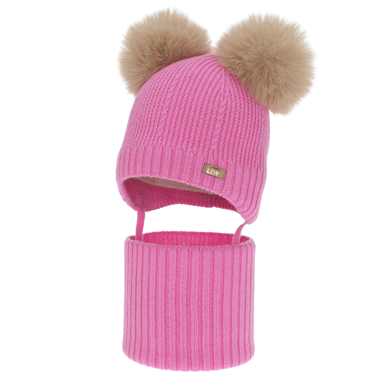 Pige hue og halsedisse, vinter sæt, lyserød, 100% merinould, foret med uld fleece, Lumia