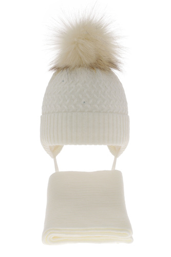 Pige vintersæt: hue og tørklæde, krem, med garn pompon, med bindebånd, Zelta