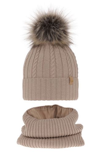 Pige vintersæt: hue og halsvarmer, beige, med merinould, Mirabel