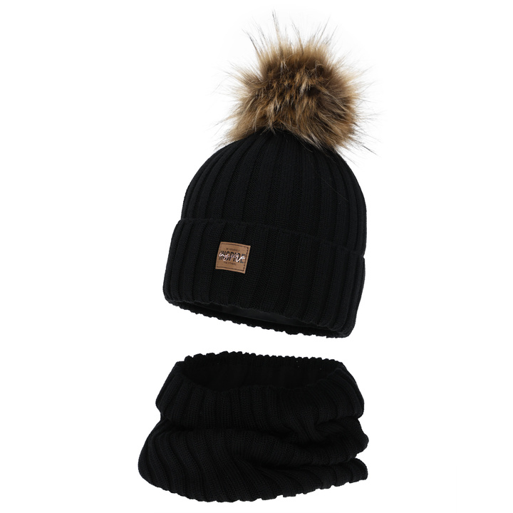 Pige vintersæt: hue og halsvarmer, sort, foret med fleece, med merinould, Bellina