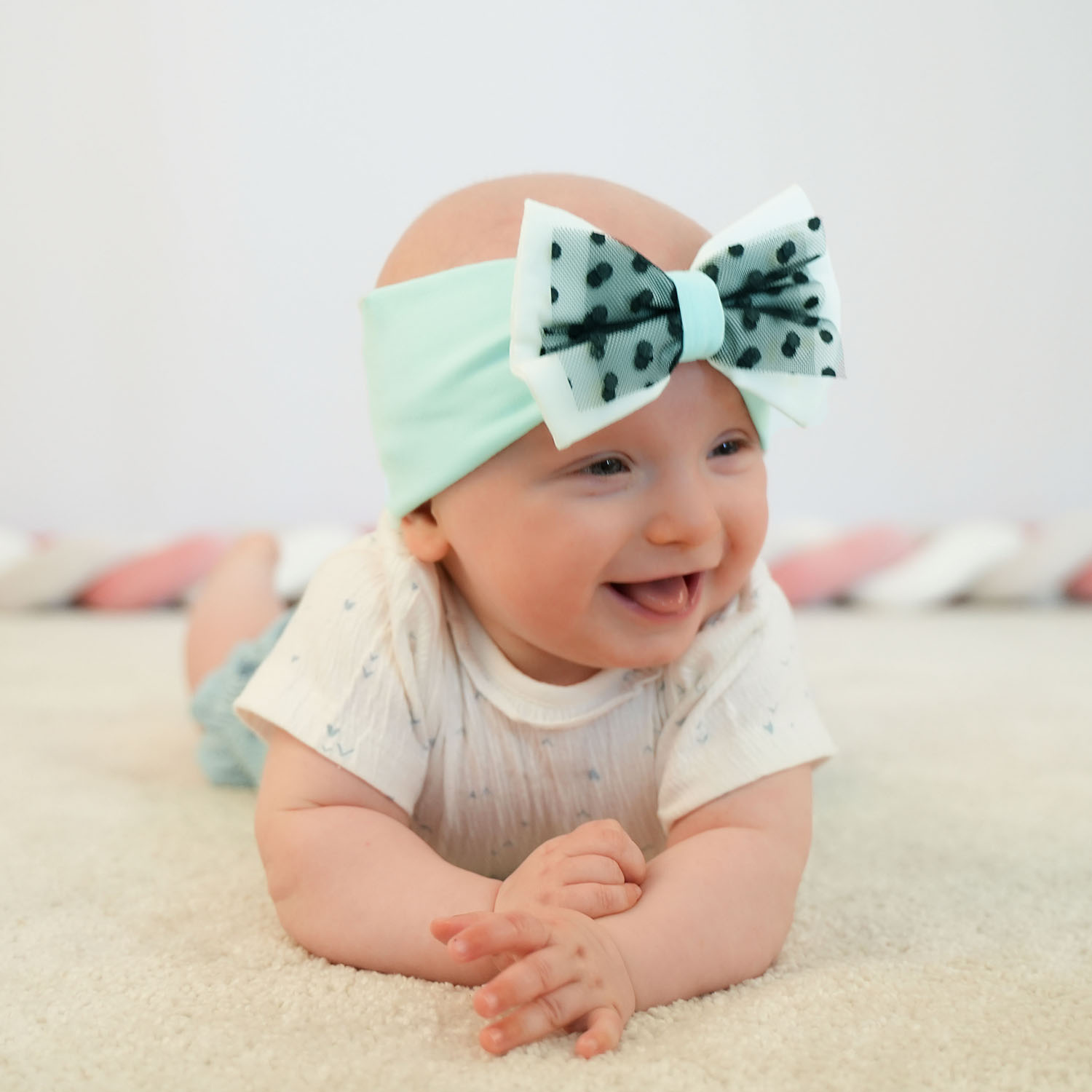 Pige efterår/forår pandebånd, mint, foret med bomuld, med sløjfe, Celinka