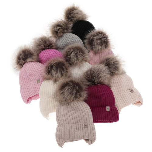 Pige vintersæt: hue og halsvarmer, lyserød, med bindebånd, 100% merino uld, med pompon, Junika