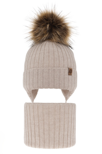 Dreng vintersæt: hue og halsrør, beige, med bindebånd, 100% Merino Uld, Juno