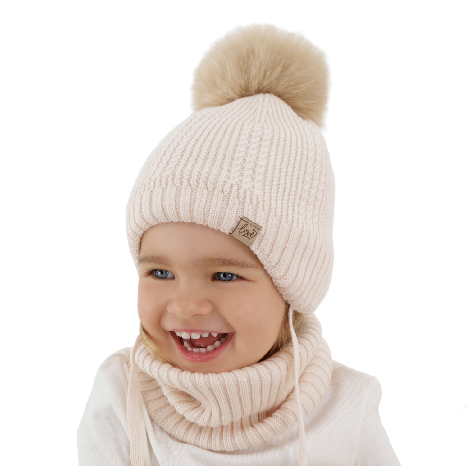 Pige vintersæt (hue og halsvarmer), sort, 100% Merino Uld, foret med uld fleece, med bindebånd Danielle