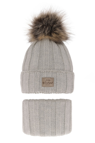 Pige vintersæt: hue og halsrør, grå, med garn pompon, Kaliope