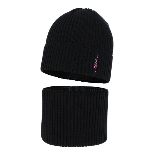 Pige efterår/forår sæt: hue og halsvarmer, med bomuld, sort, Elvara