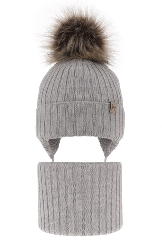 Pige vintersæt: hue og halsvarmer, grå, med merinould, med bindebånd, Junika